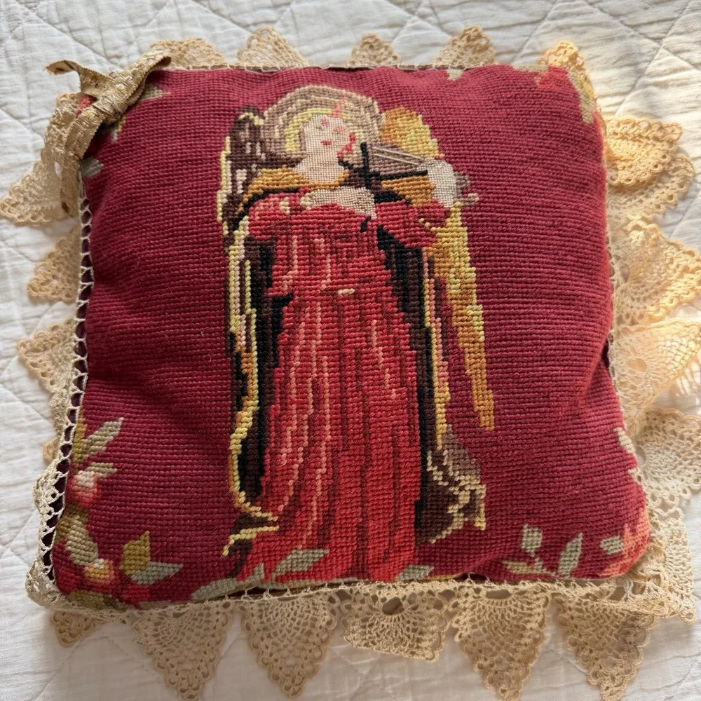 Vintage Needlepoint Angel Pillow Lace Trim 12x12 Romantic Heirloom Decor